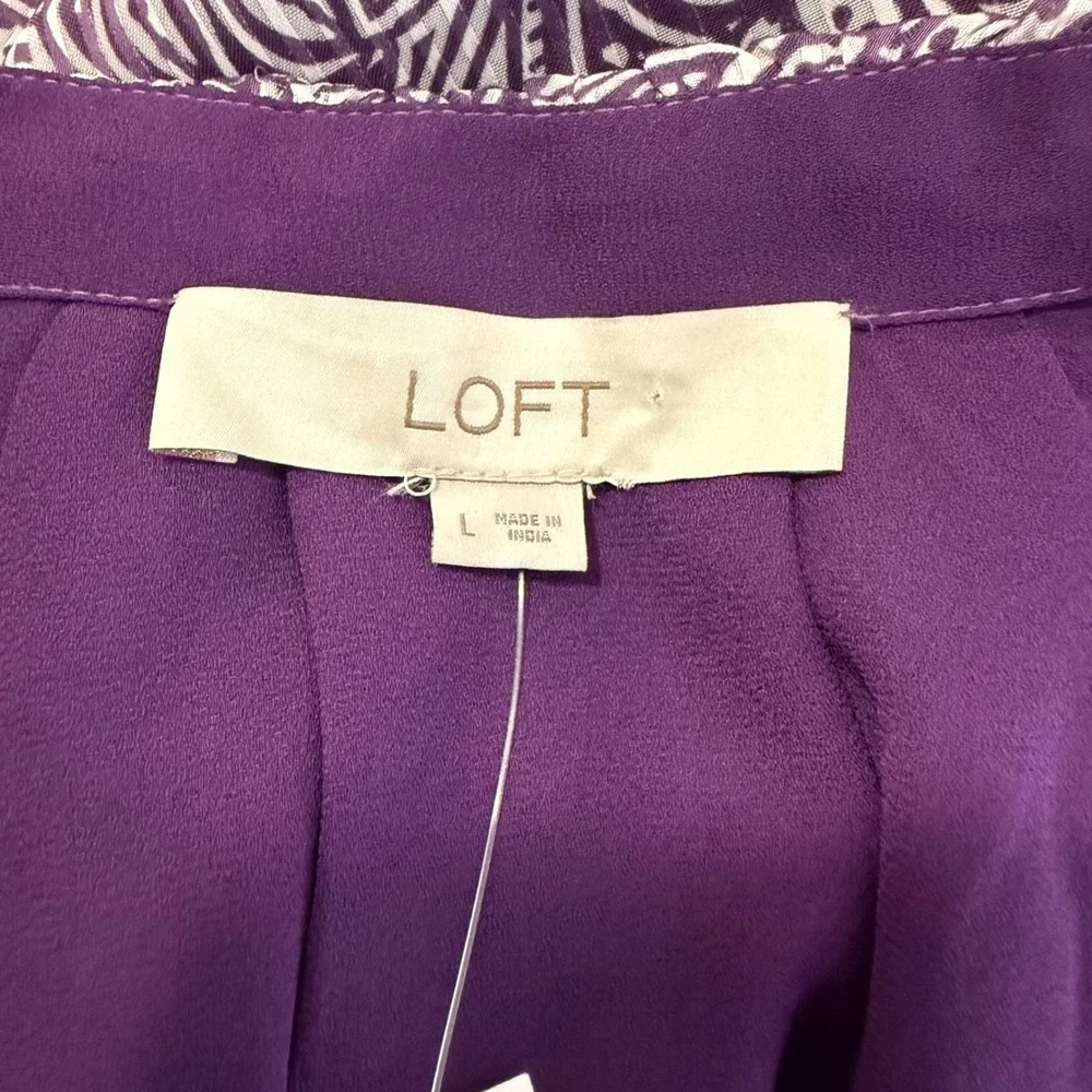 LOFT Women's L Blouse Purple Paisley Floral Puff Sleeve V-Neck Office Formal NEW